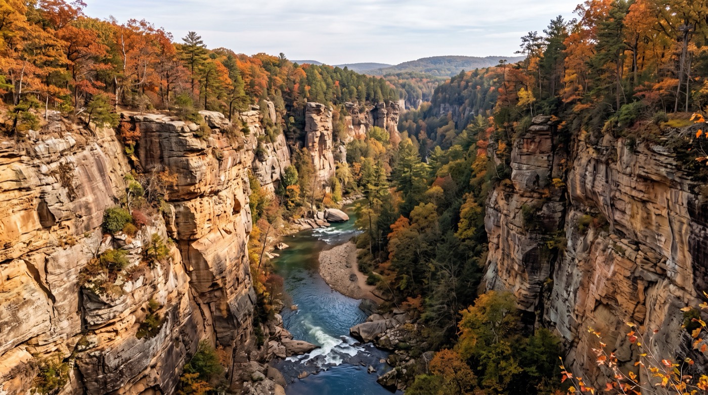 Sandstone cliffs rising above the Ausable River with colorful autumn trees at Ausable Chasm in the Adirondacks