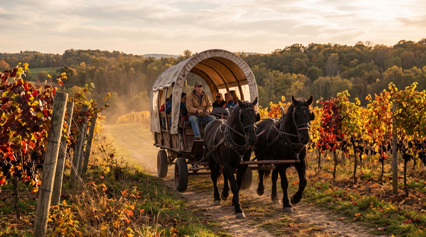 A covered wagon pulled by horses rolling through autumn vineyards in Salem County, New Jersey