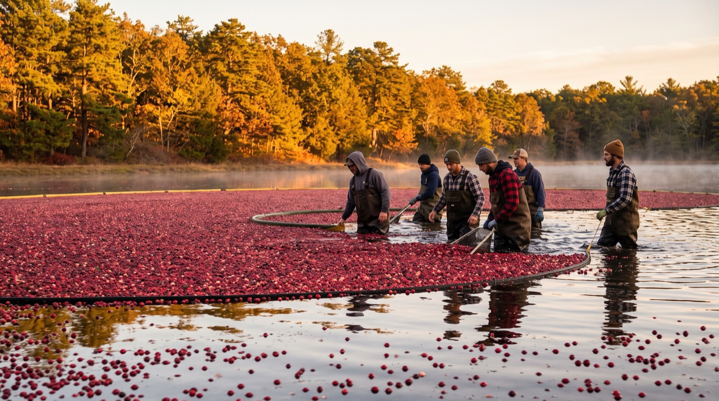 Flooded cranberry bog in the New Jersey Pine Barrens with red berries floating on the water
