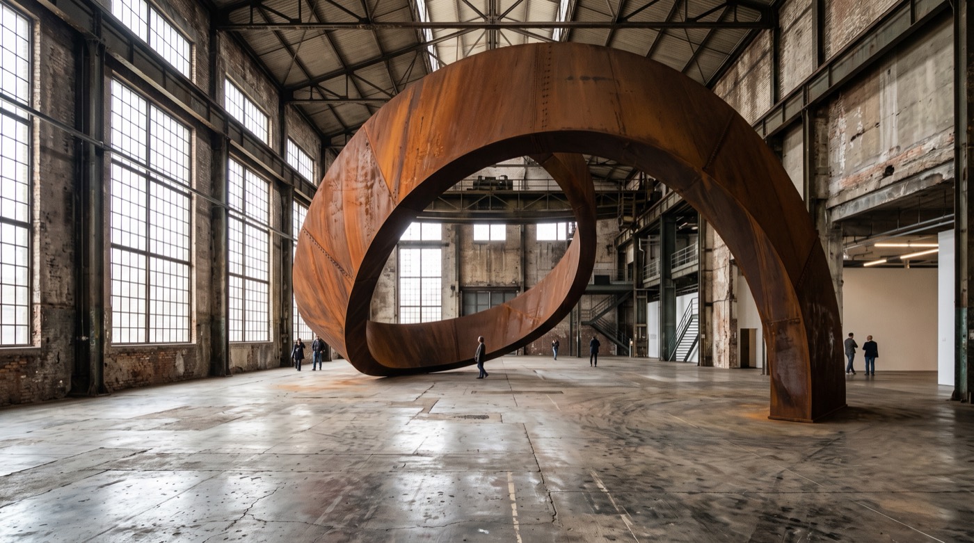 A visitor standing inside Richard Serra's massive rusted-steel Torqued Ellipses at Dia Beacon