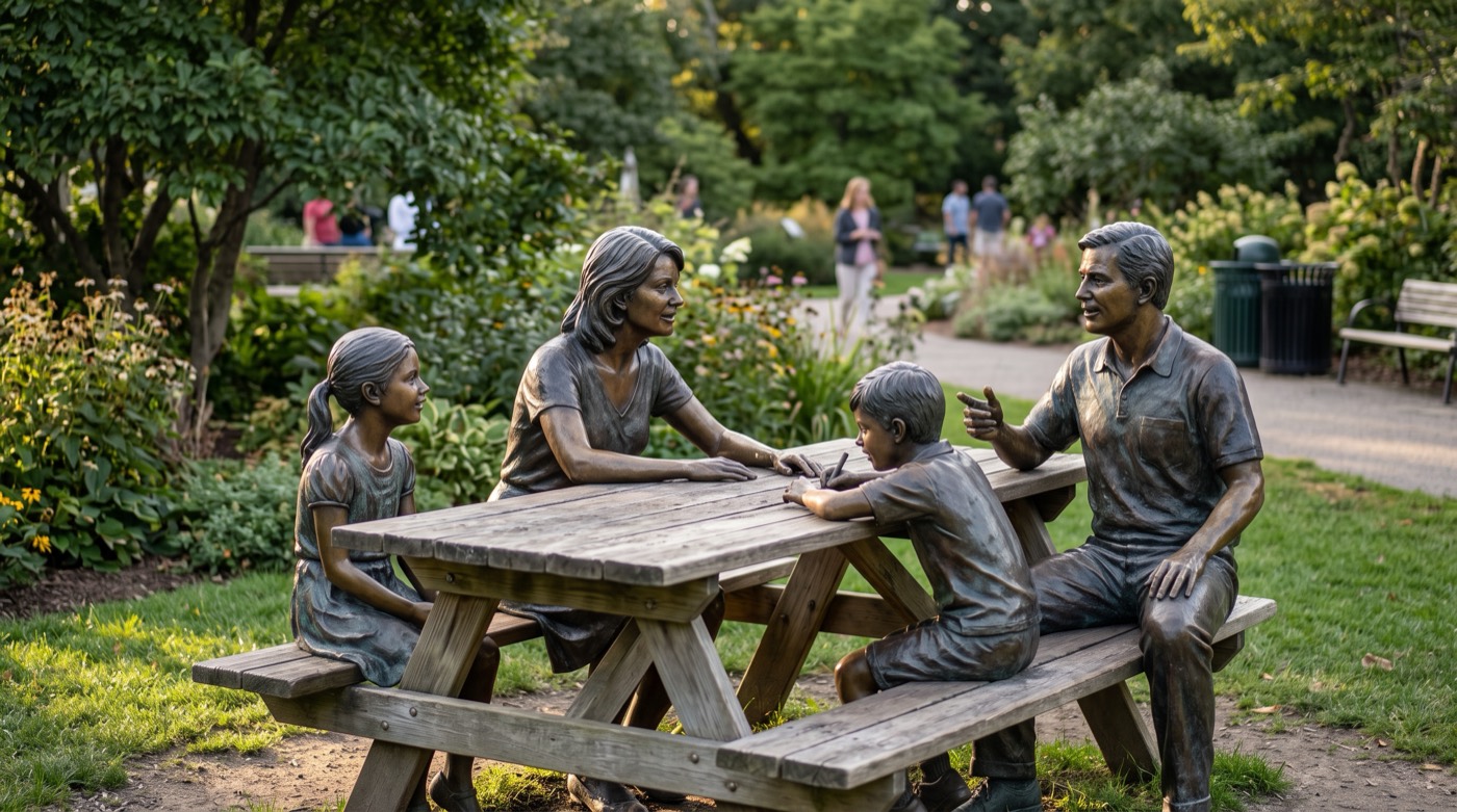 A lifelike bronze sculpture of a family at a picnic table among gardens at Grounds for Sculpture in Hamilton, New Jersey