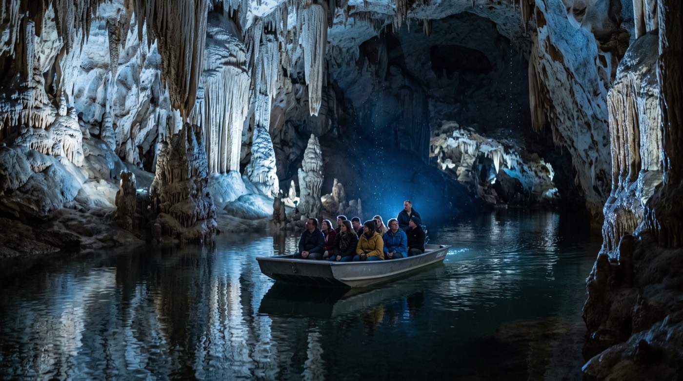 A boat gliding through an underground limestone cave lake with illuminated rock formations at Howe Caverns