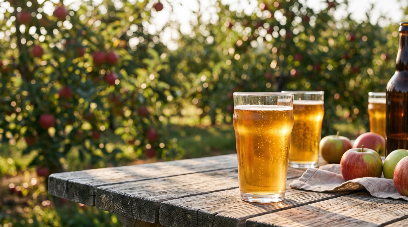Glasses of golden hard cider on a wooden table beside an autumn orchard in the Hudson Valley