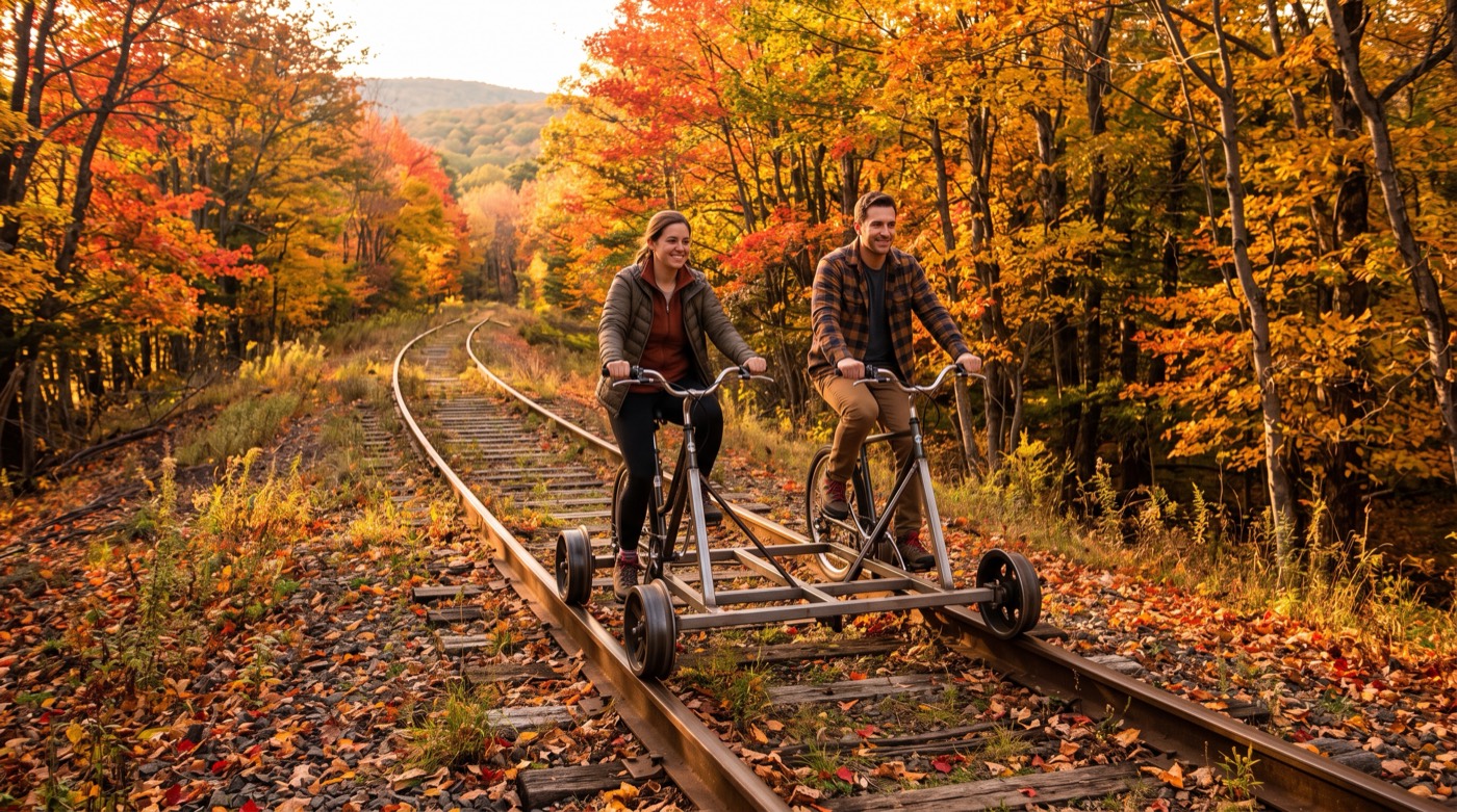 A two-person pedal-powered rail bike on historic train tracks winding through colorful Catskills forest