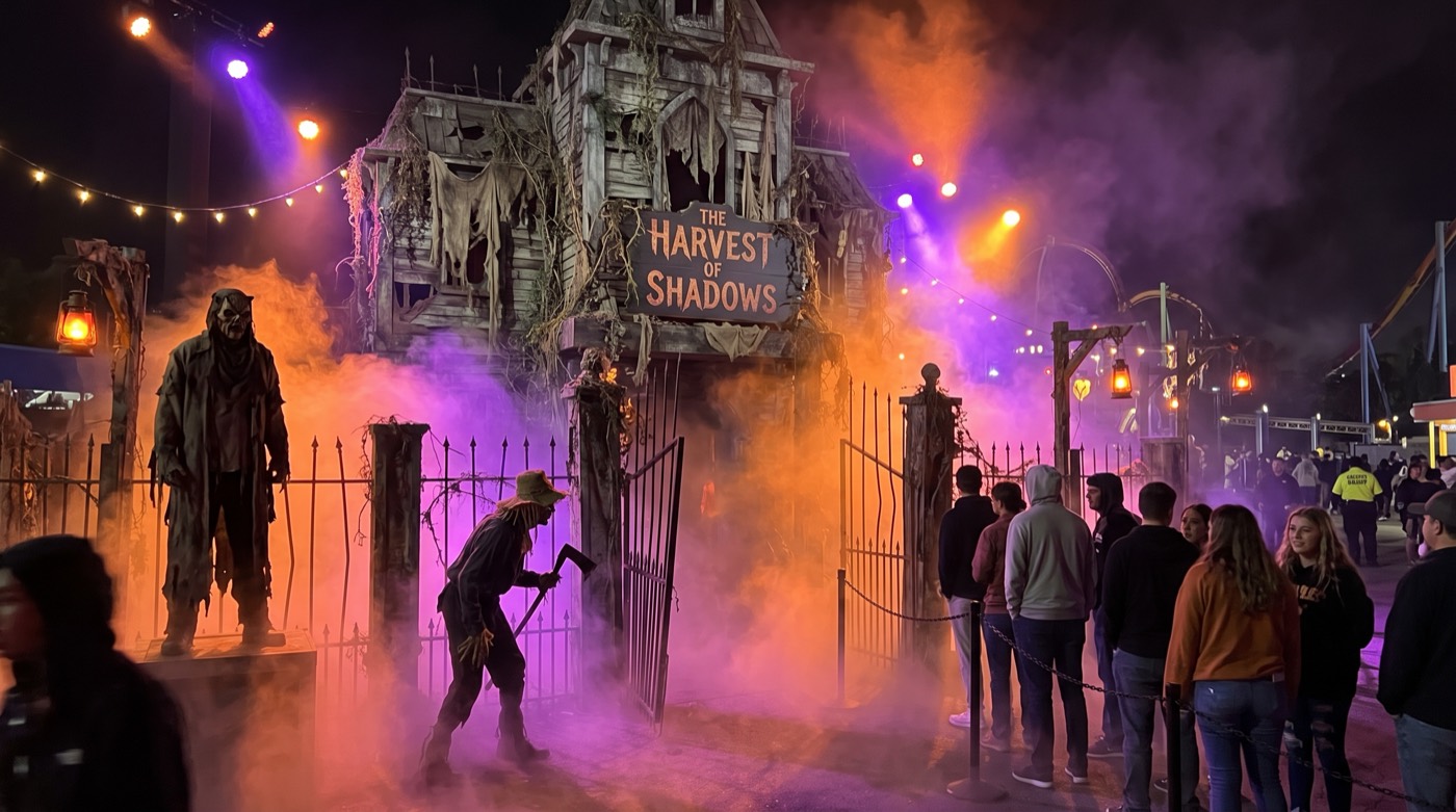 Haunted maze entrance with fog, scare actors, and moody orange lighting at Six Flags Great Adventure