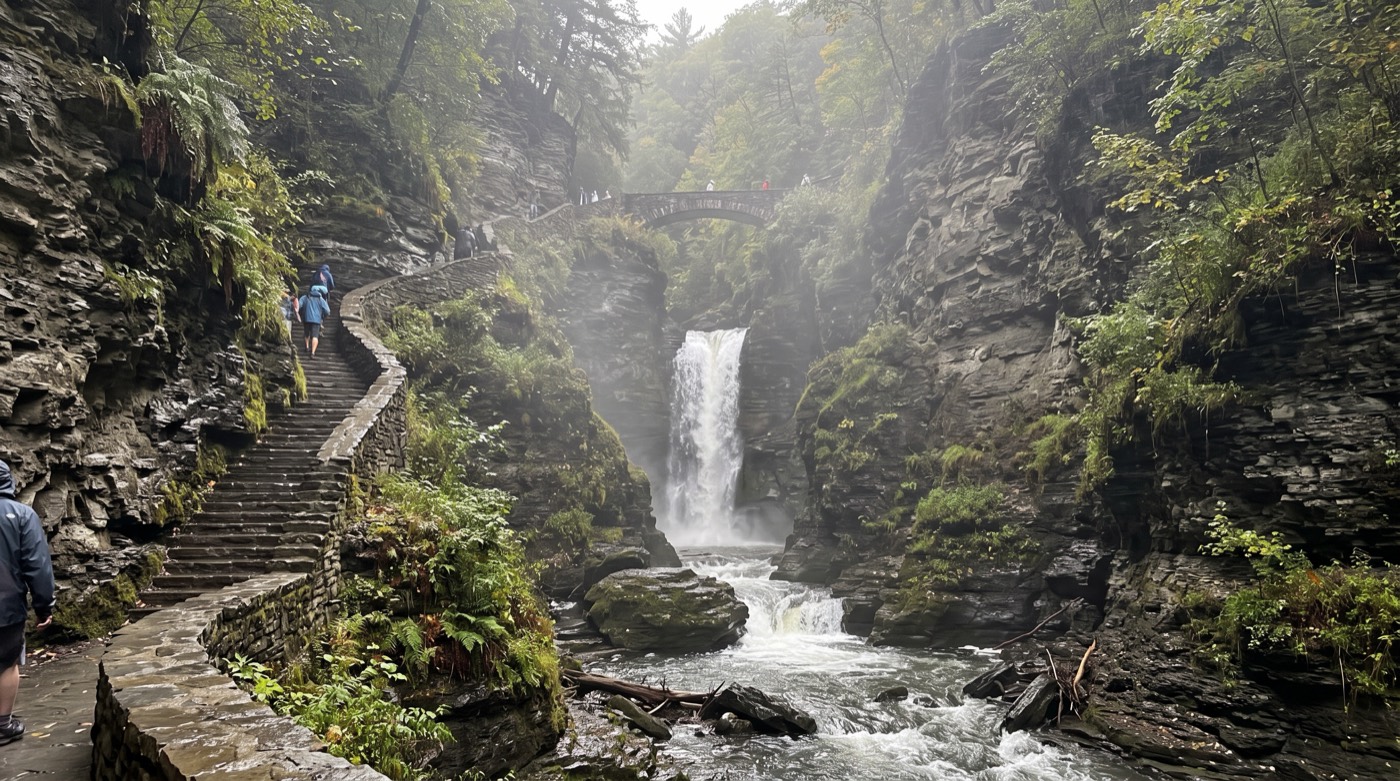 The Gorge Trail at Watkins Glen State Park with a waterfall cascading between stone walls and stone steps